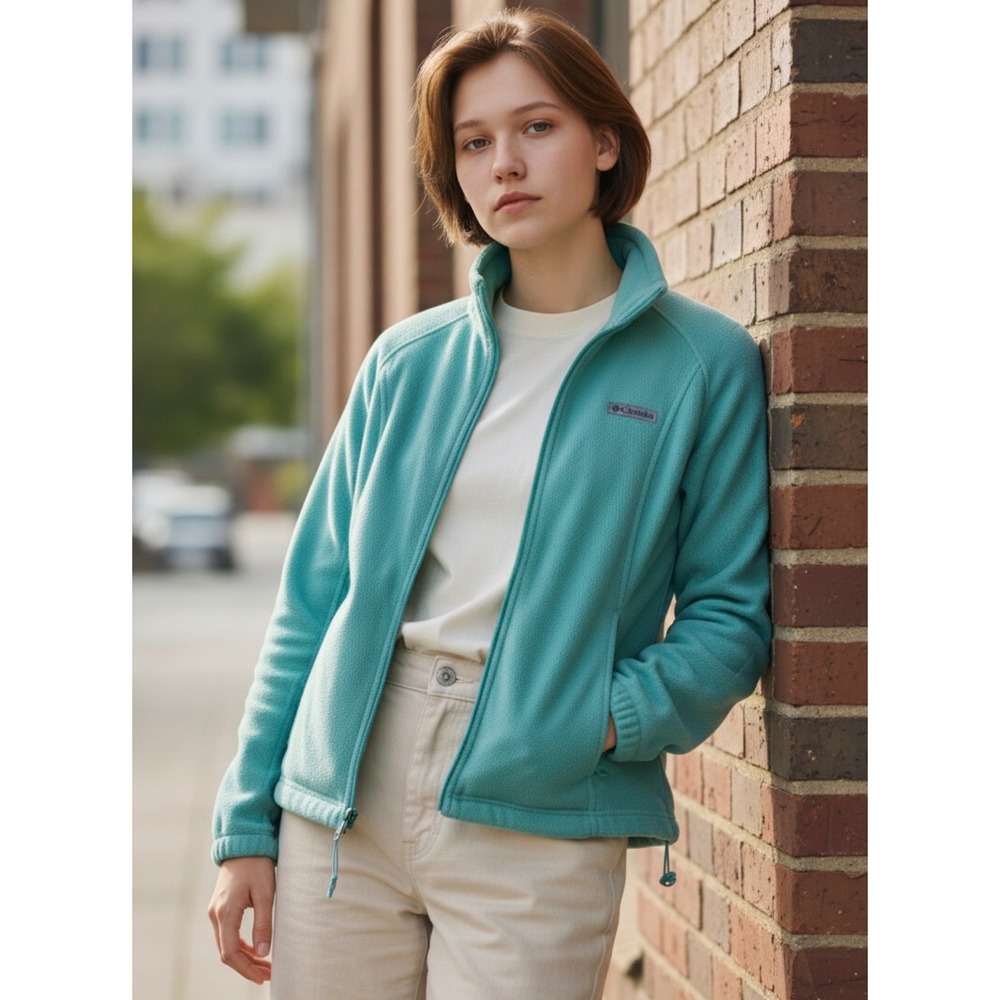 Columbia Womens XL Aqua Mint Green Full Zip Fleece Jacket WL6439 Mock Neck